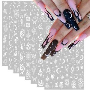 8 Sheets White Nail Art Stickers 3D Gothic Nail Decals Designer Nail Art